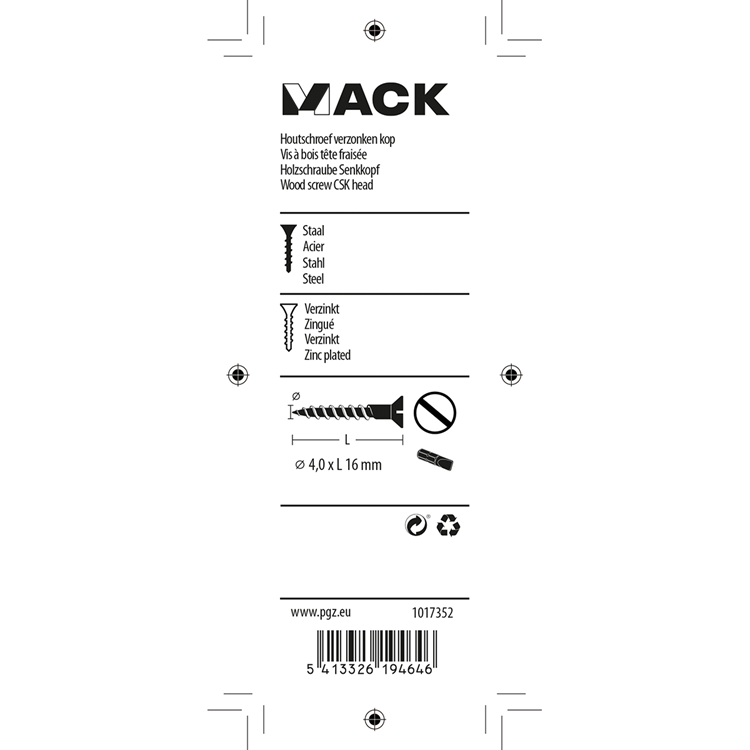 Mack 1017352 - vis à bois tête fraisée galvanisée 24 pcs 4,0 x 16 mm | 10 pièces