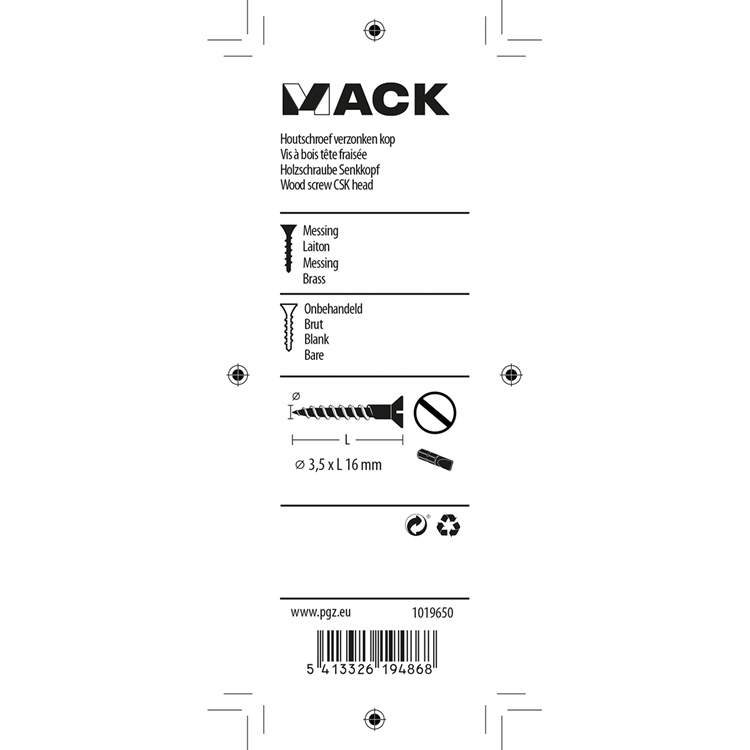 Mack 1019650 - vis à bois tête fraisée laiton 12pcs 3,5 x 16 mm | 10 pièces