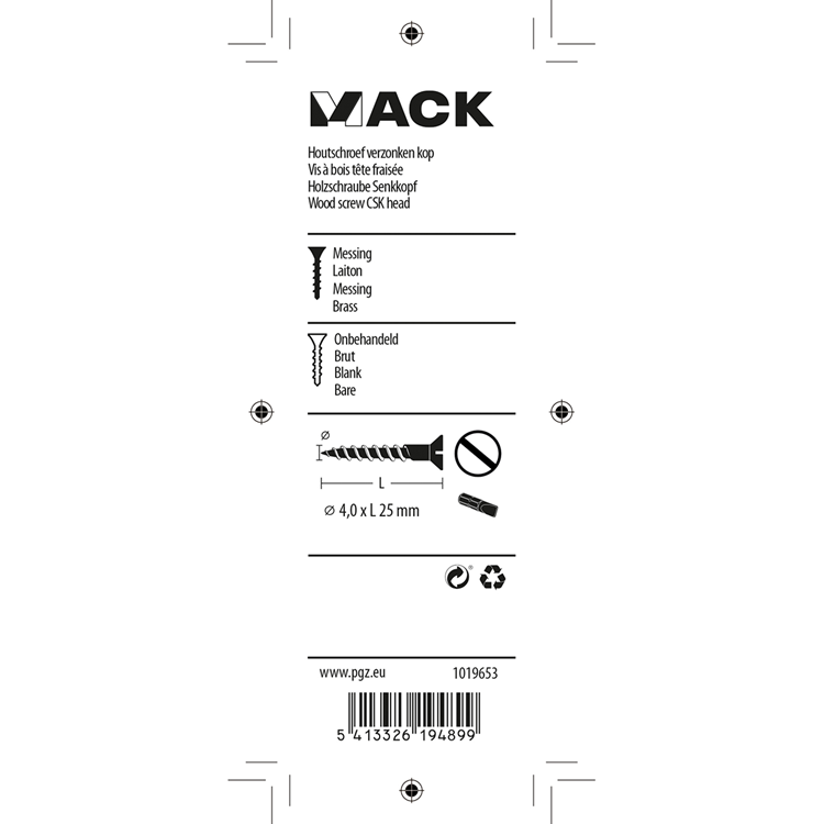 Mack 1019653 - vis à bois tête fraisée laiton 9 pcs 4,0 x 25 mm | 10 pièces