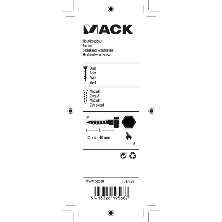 Mack 1017399 - boulon fileté à bois en acier galvanisé 14 pièces 5 x 40 mm | 10 pièces