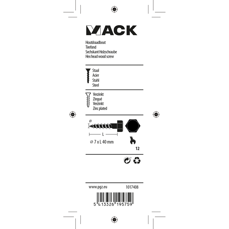 Mack 1017408 - boulon fileté à bois en acier galvanisé 10 pièces 7 x 40 mm | 5 pièces