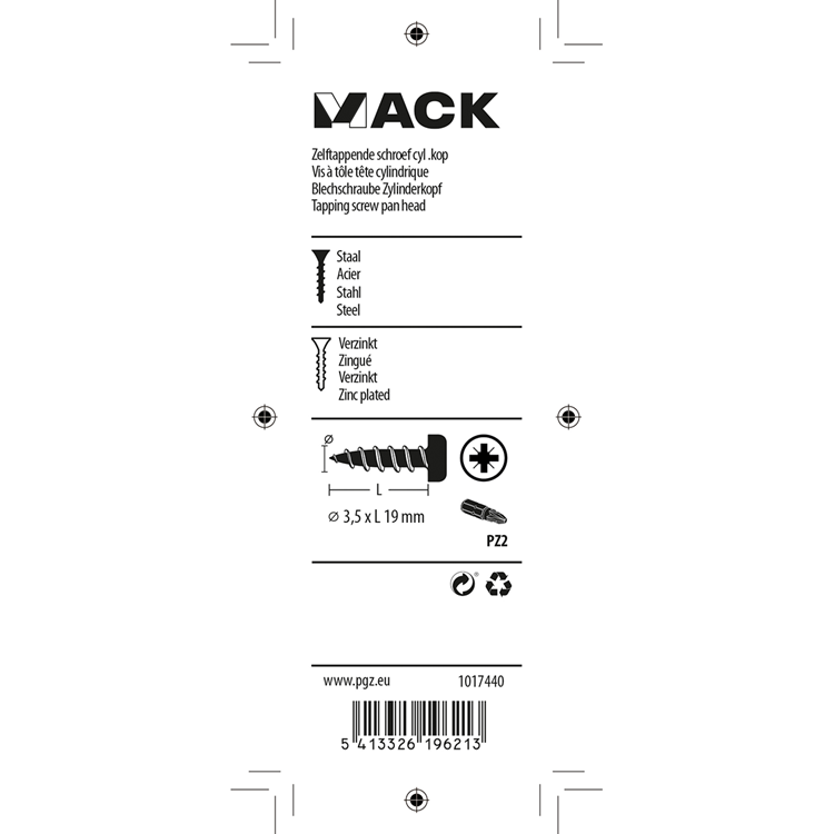 Mack 1017440 - vis autotaraudeuse à tête cylindrique galv. 25 pièces 3,5 x 19 mm | 10 pièces