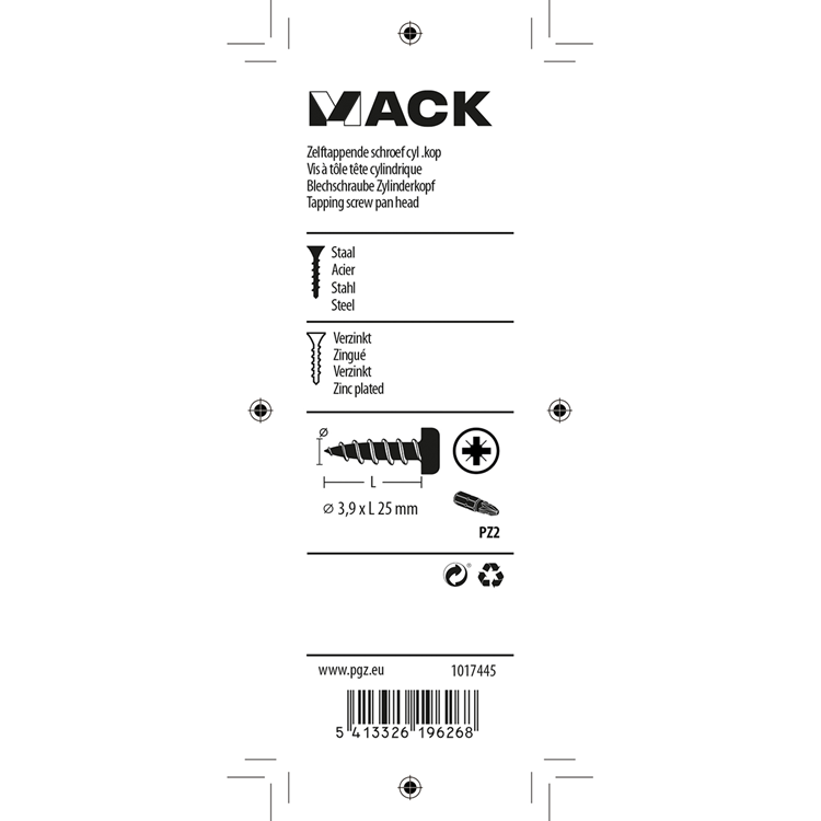 Mack 1017445 - vis autotaraudeuse à tête cylindrique galv. 18 pièces 3,9 x 25 mm | 10 pièces