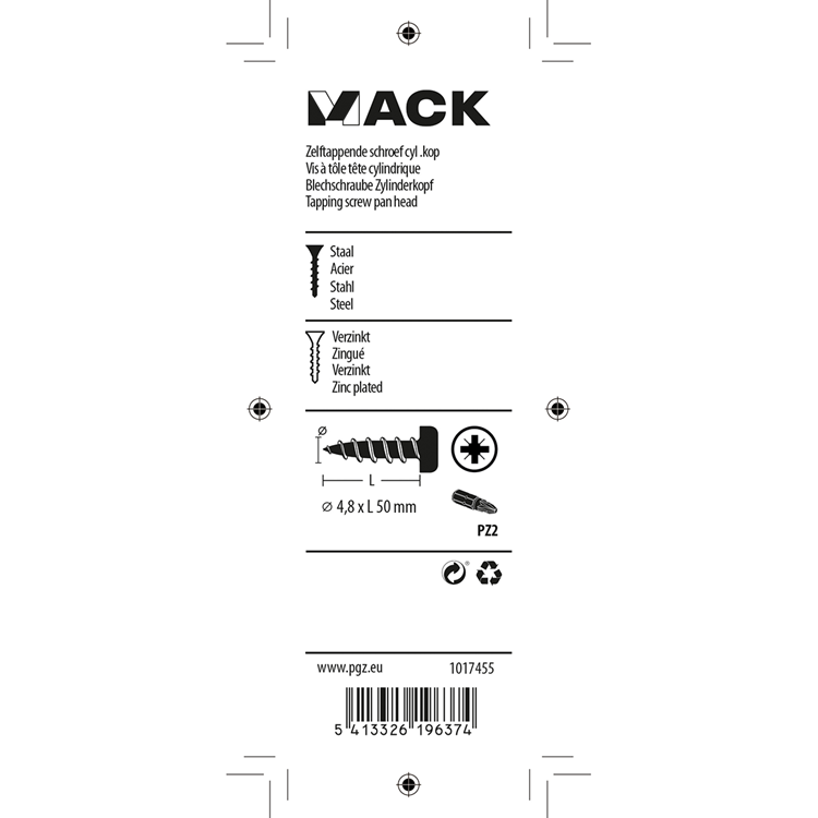 Mack 1017455 - vis autotaraudeuse à tête cylindrique galv. 7 pièces 4,8 x 50 mm | 10 pièces