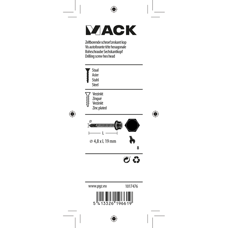 Mack 1017476 - vis autoperceuse hexagonale. tête galvanisée. 22 pièces 4,8 x 19 mm | 10 pièces