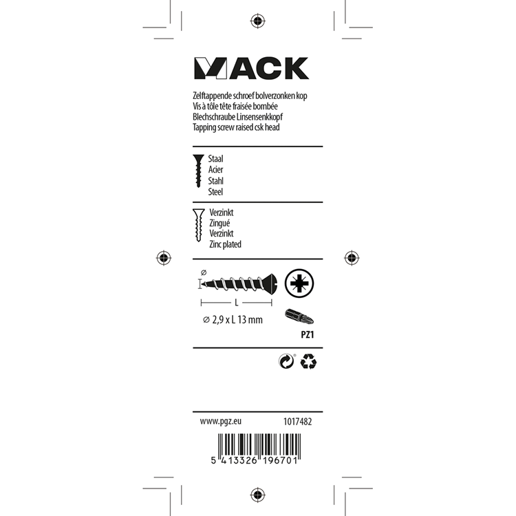 Mack 1017482 - vis autotaraudeuses bvk galvanisées 38 pcs 2,9 x 13 mm | 10 pièces