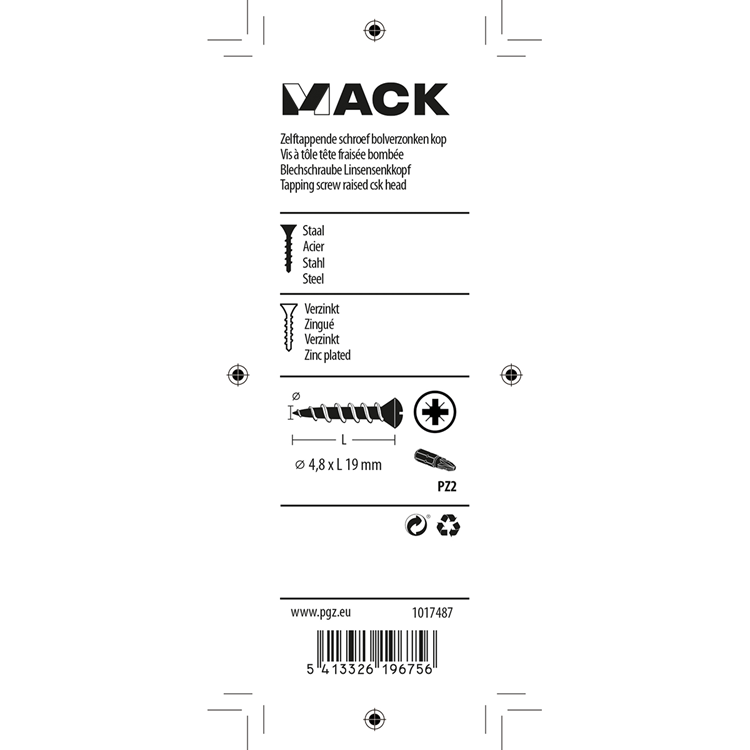 Mack 1017487 - vis autotaraudeuse bvk galvanisée 14 pcs 4,8 x 19 mm | 10 pièces