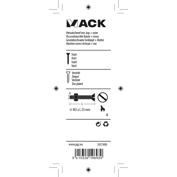 Mack 1017490 - vis à métal galvanisée. tête + écrou plaqué 22pcs m3 x 25 mm | 10 pièces