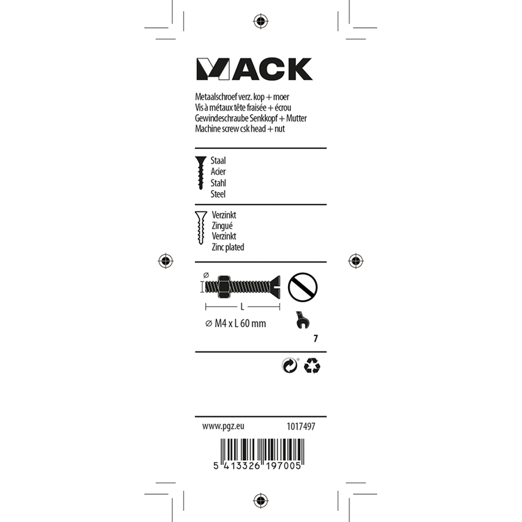 Mack 1017497 - vis à métal galvanisée. tête + écrou plaqué 6 pcs m4 x 60 mm | 10 pièces