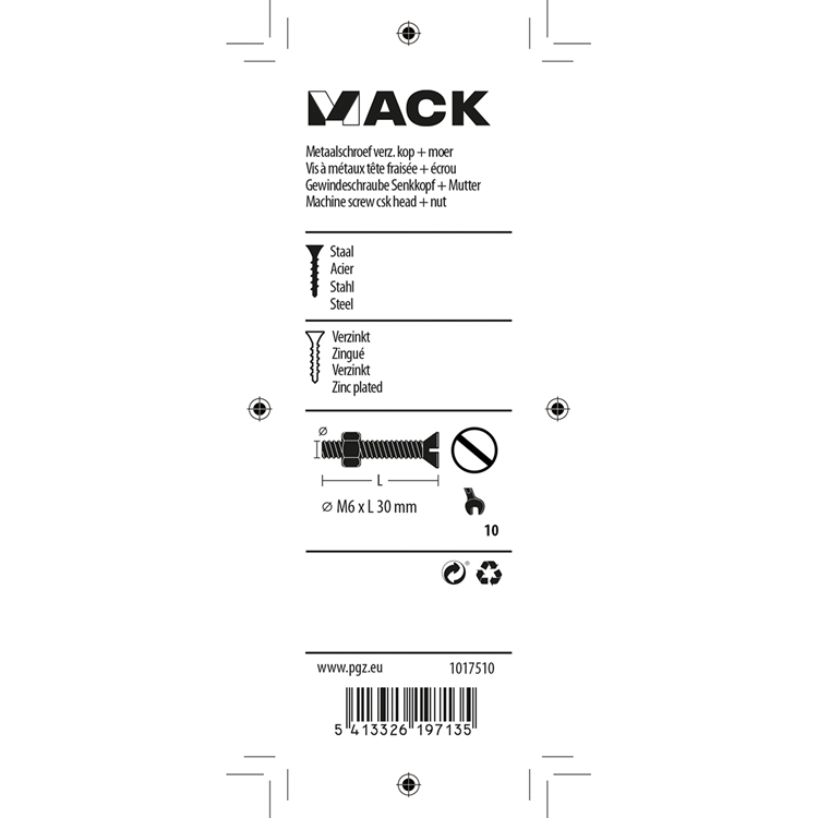 Mack 1017510 - vis à métal galvanisée. tête + écrou plaqué 8 pcs m6 x 30 mm | 10 pièces