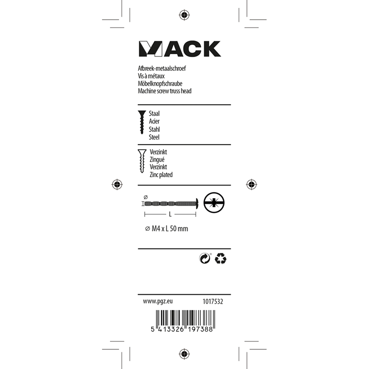 Mack 1017532 - vis à métal sécable galvanisée. 4 pièces m4 x 50 mm | 10 pièces