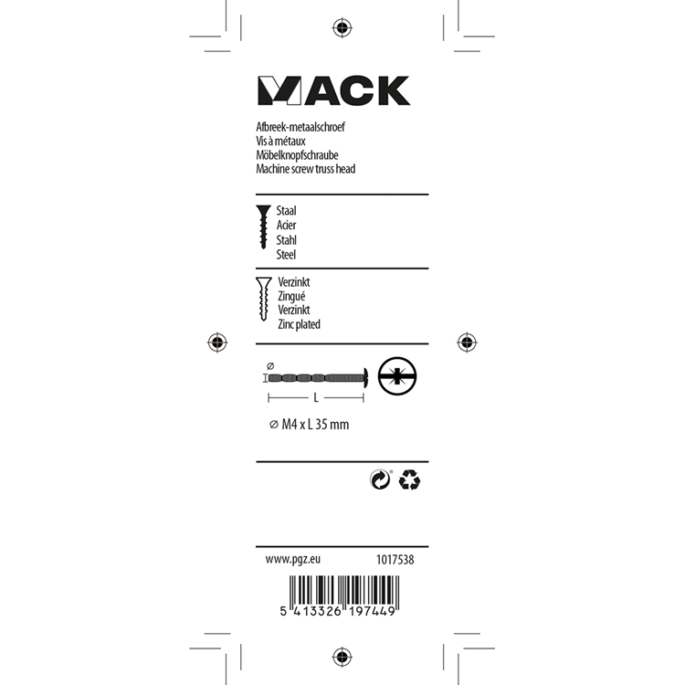 Mack 1017538 - vis à métal sécable galvanisée. 4 pièces m4 x 35 mm | 10 pièces