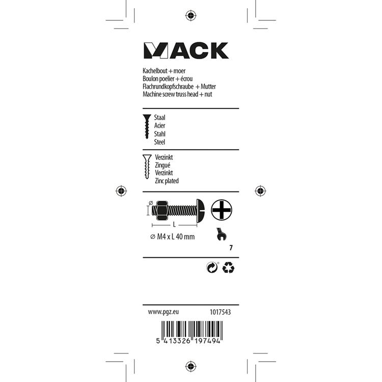 Mack 1017543 - boulon de chauffage + écrou acier galvanisé 14 pcs m4 x 40 mm | 10 pièces
