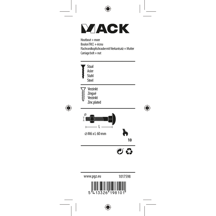 Mack 1017598 - boulon à bois + écrou noir 6,0 x 60 mm 4 pcs | 5 pièces