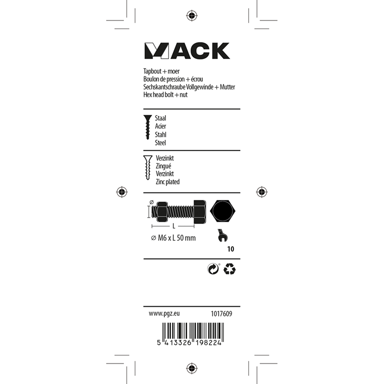 Mack 1017609 - boulon de robinet + écrou en acier galvanisé 8 pièces m6 x 50 mm | 5 pièces