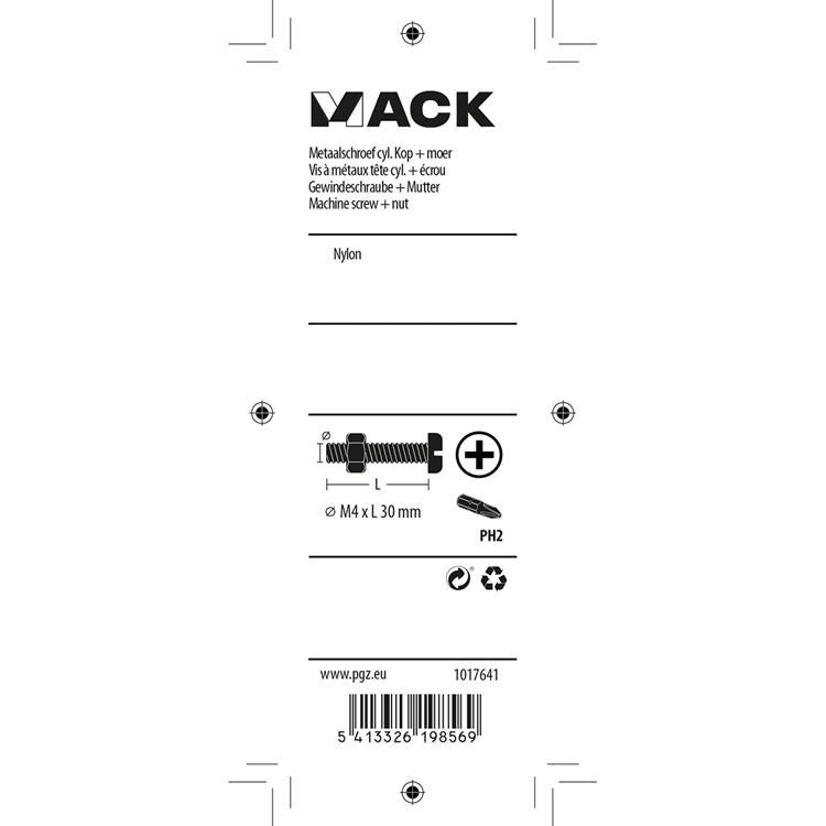 Mack 1017641 - vérin à vis métal. tête + écrou nylon 6 pcs m4 x 30 mm | 10 pièces