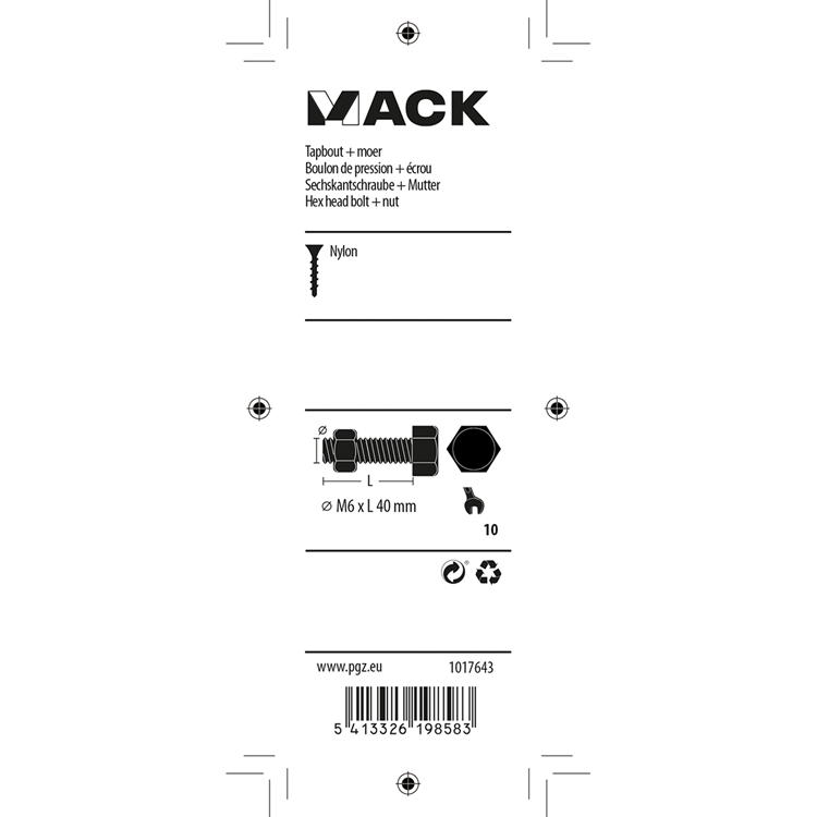 Mack 1017643 - boulon de robinet + écrou nylon 5 pcs m6 x 40 mm | 10 pièces