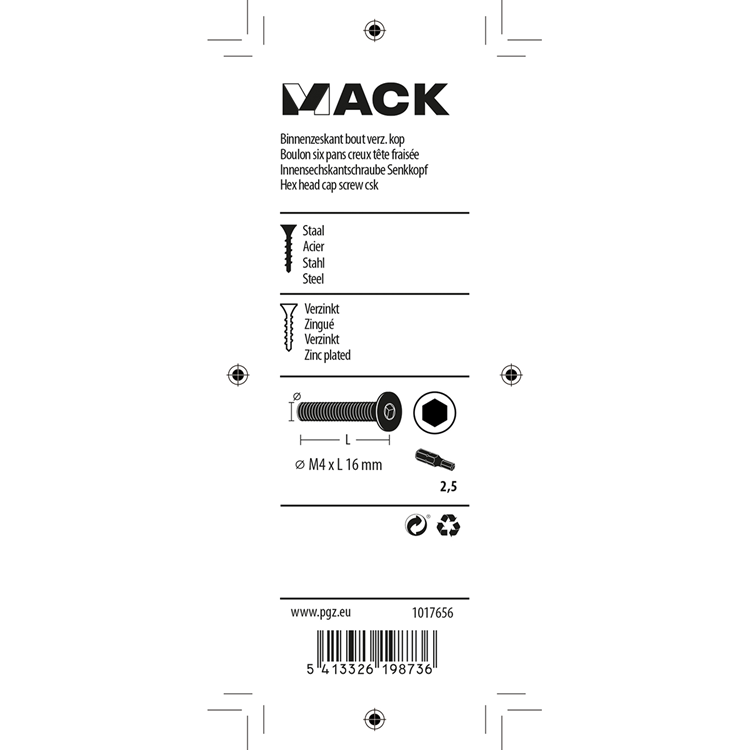 Mack 1017656 - boulon à six pans creux plaqué. cond. 12 pièces m4x16 | 10 pièces