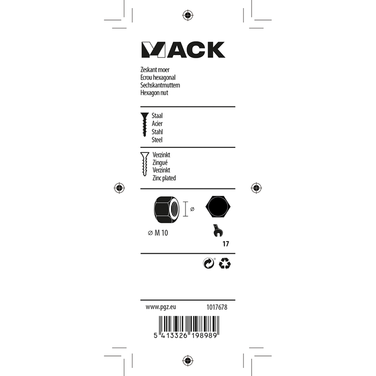 Mack 1017678 - écrou hexagonal en acier galvanisé 8 pièces m 10 | 10 pièces