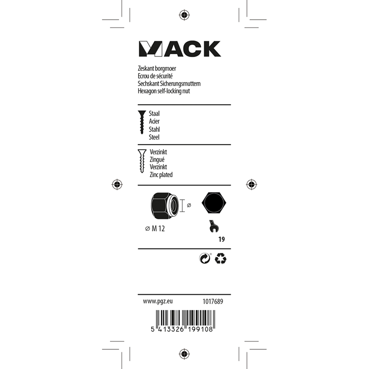Mack 1017689 - contre-écrou hexagonal en acier galvanisé 4 pcs m12 | 10 pièces