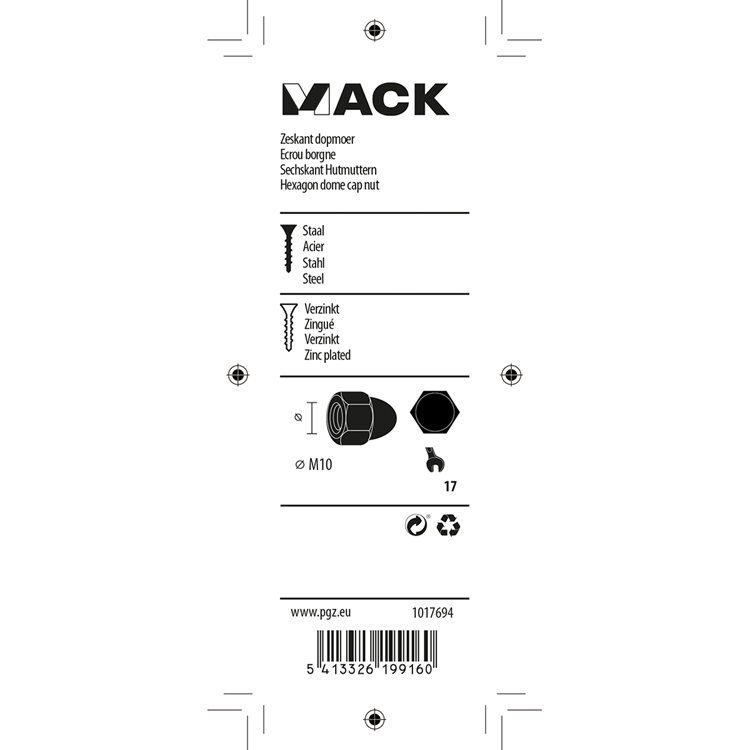 Mack 1017694 - écrou borgne hexagonal en acier galvanisé 2 pcs m10 | 10 pièces