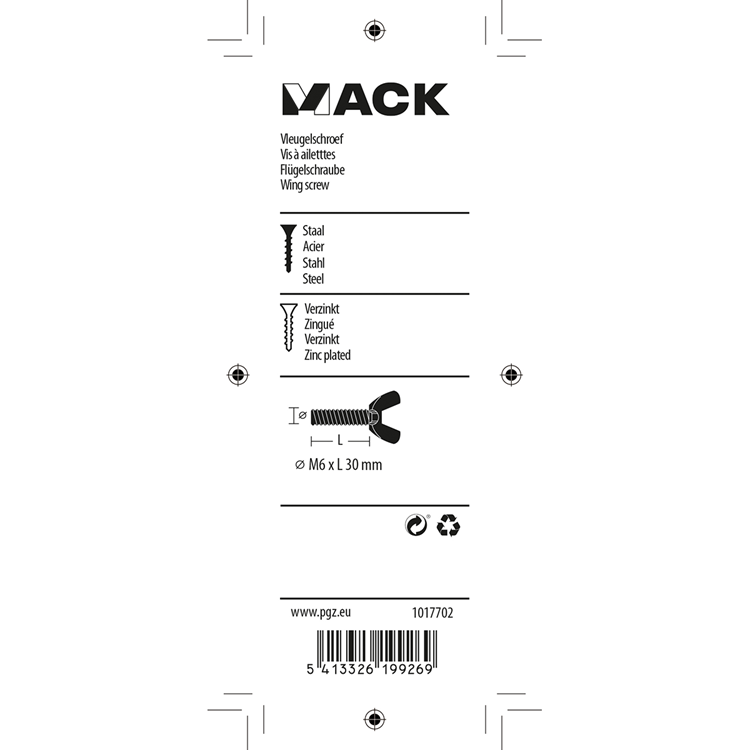 Mack 1017702 - vis à oreilles jaune galvanisé 3 pcs m6 x 30 mm | 10 pièces