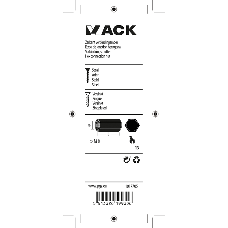 Mack 1017705 - écrou de connexion hexagonal galvanisé 2 pcs m8 | 10 pièces