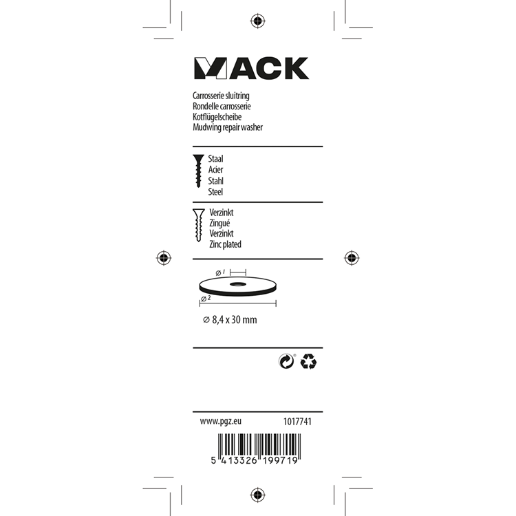 Mack 1017741 - rondelle de carrosserie galvanisée 12 pcs 8,4 x 30 mm | 10 pièces