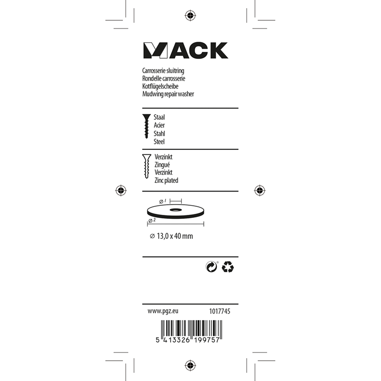 Mack 1017745 - rondelle de carrosserie galvanisée 6 pièces 13,0 x 40 mm | 5 pièces