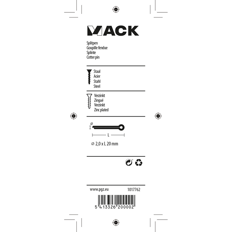 Mack 1017762 - goupille fendue en acier galvanisé 22 pièces 2,0 x 20 mm | 10 pièces