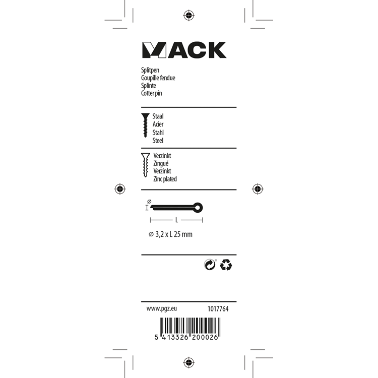 Mack 1017764 - goupille fendue en acier galvanisé 16 pcs 3,2 x 25 mm | 10 pièces