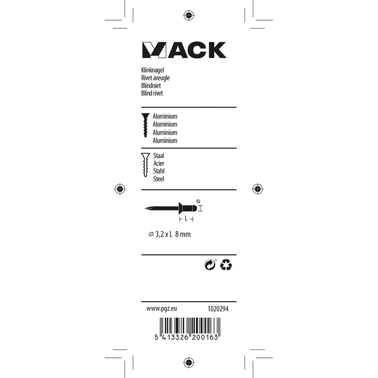 Mack 1020294 - 40 agrafes aveugles aluminium 3,2x8mm | 10 pièces