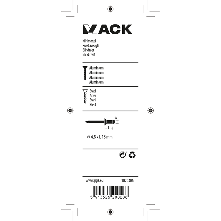Mack 1020306 - 16 agrafes aveugles aluminium 4,8x18mm | 5 pièces