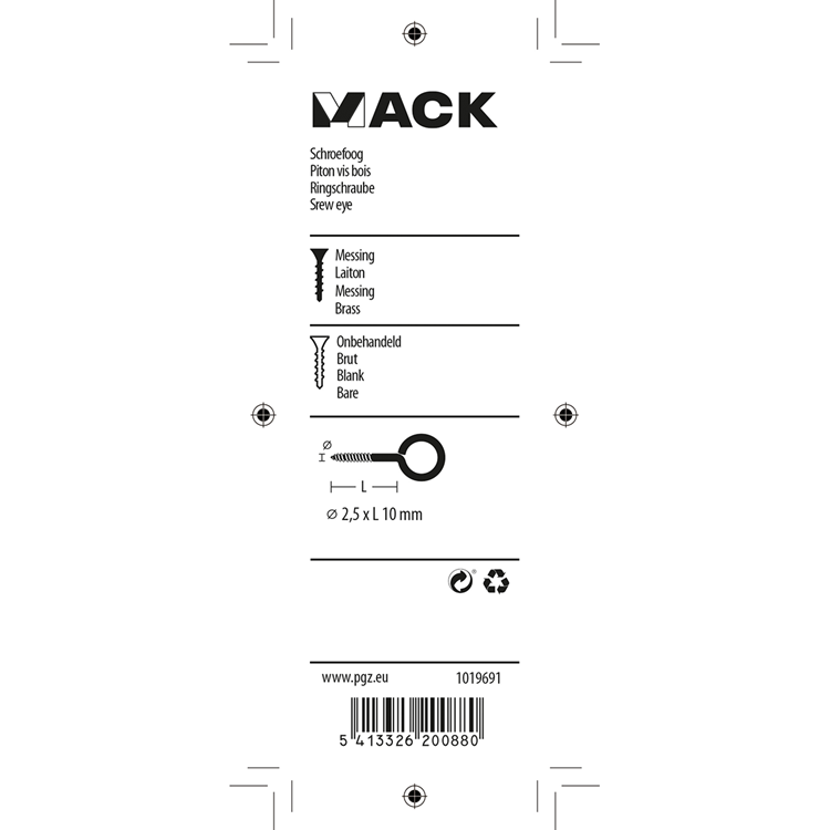 Mack 1019691 - oeil à vis en laiton 6 pcs 2,5 x 10mm | 10 pièces
