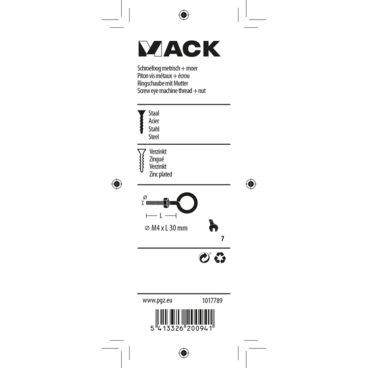 Mack 1017789 - oeil de vis métrique + écrou galvanisé 5 pcs m4 x 30 mm | 10 pièces