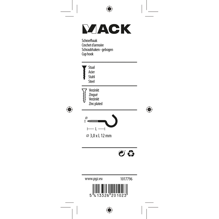 Mack 1017796 - crochet à vis en acier galvanisé 15 pcs 3,0 x 12 mm | 10 pièces