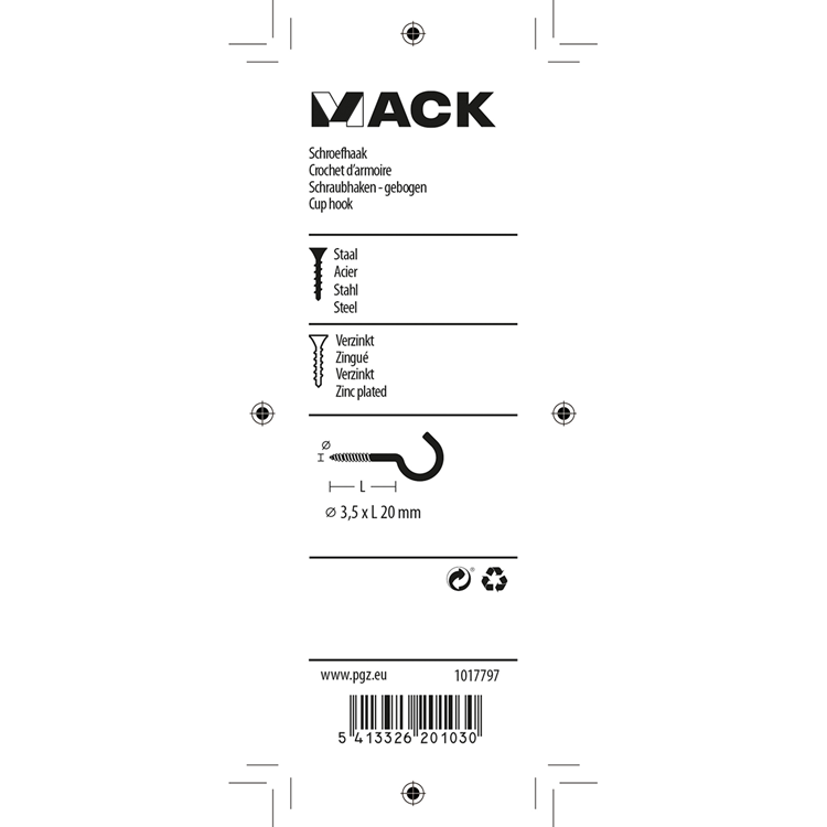 Mack 1017797 - crochet à vis acier galvanisé 10pcs 3,5 x 20 mm | 10 pièces