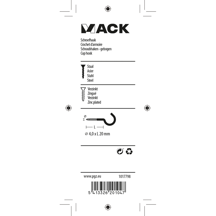 Mack 1017798 - crochet à vis en acier galvanisé 8 pièces 4,0 x 20 mm | 10 pièces