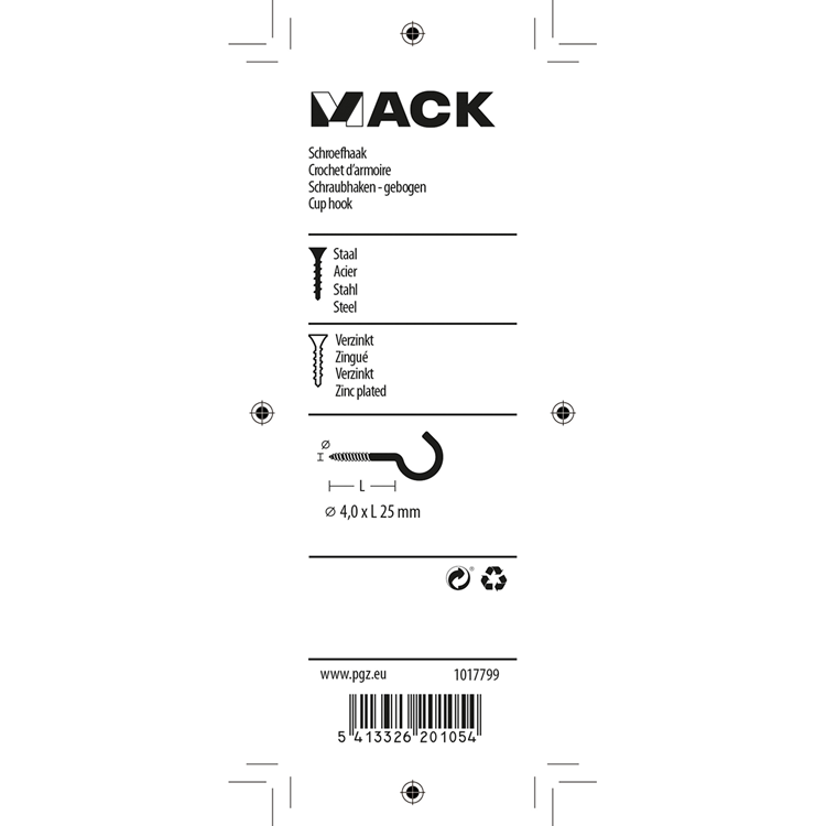 Mack 1017799 - crochet à vis acier galvanisé 7pcs 4,0 x 25 mm | 10 pièces