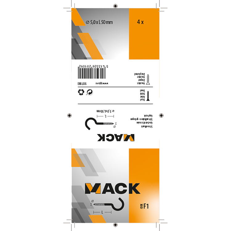 Mack 1017803 - crochet à vis acier galvanisé 4pcs 5,0 x 50 mm | 5 pièces