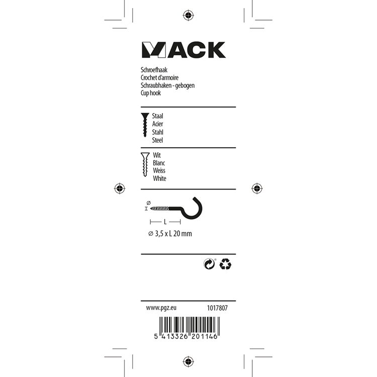 Mack 1017807 - crochet à vis acier blanc 5 pcs 3,5 x 20 mm | 10 pièces
