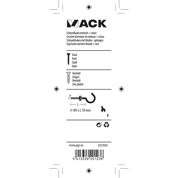 Mack 1017810 - crochet à vis métrique + écrou galvanisé 4pcs m5 x 50 mm | 10 pièces