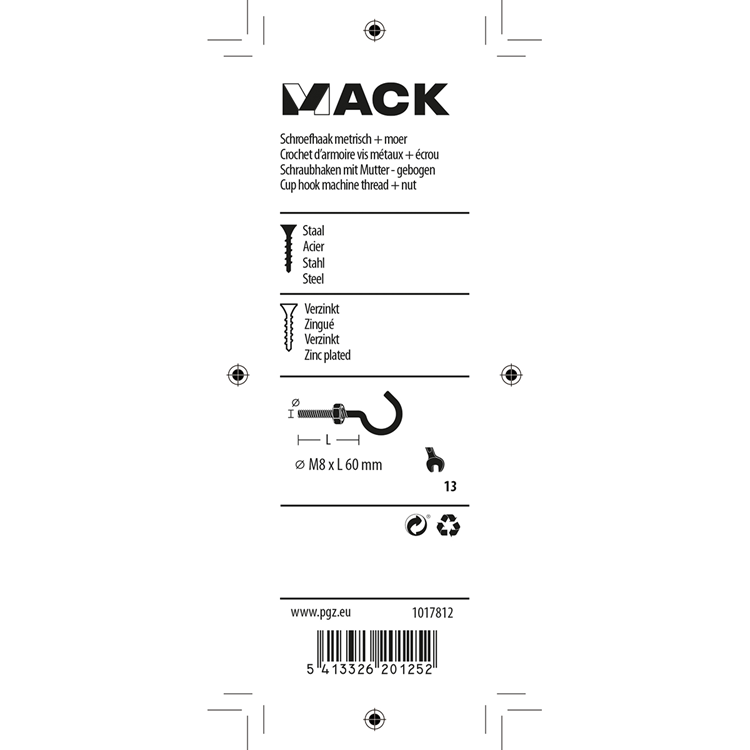 Mack 1017812 - crochet à vis métrique + écrou galvanisé 2pcs m8 x 60 mm | 10 pièces
