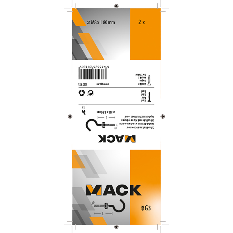 Mack 1017813 - crochet à vis métrique + écrou galvanisé 2pcs m8 x 80 mm | 5 pièces