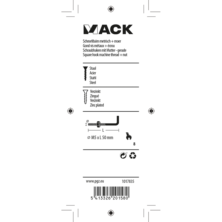 Mack 1017835 - vis métrique pouces + écrou acier 4 pcs m5 x 50 mm | 10 pièces