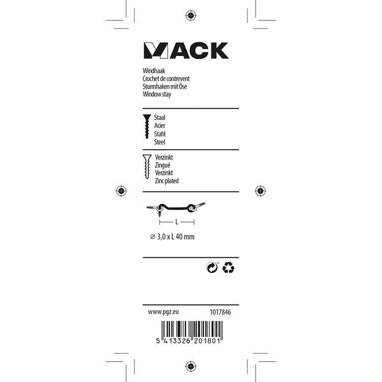 Mack 1017846 - crochet à vent en acier galvanisé 2 pcs 3,0 x 40 mm | 10 pièces