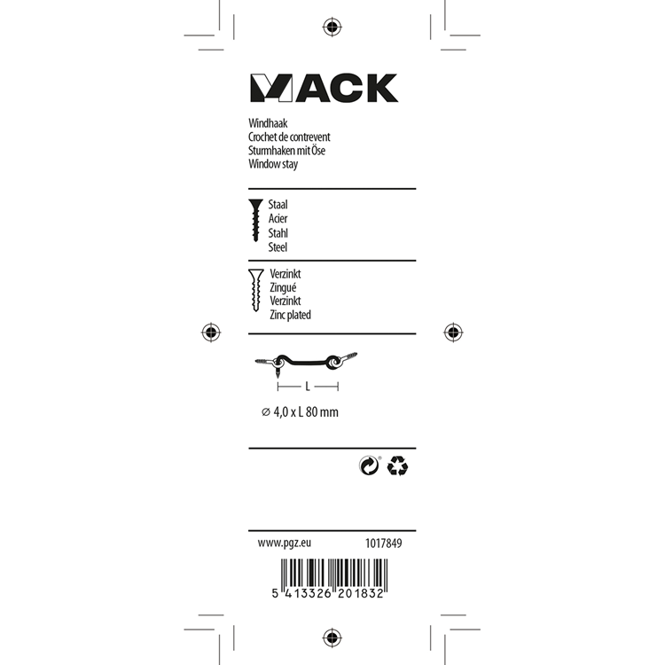 Mack 1017849 - crochet à vent en acier galvanisé 2 pcs 4,0 x 80 mm | 5 pièces