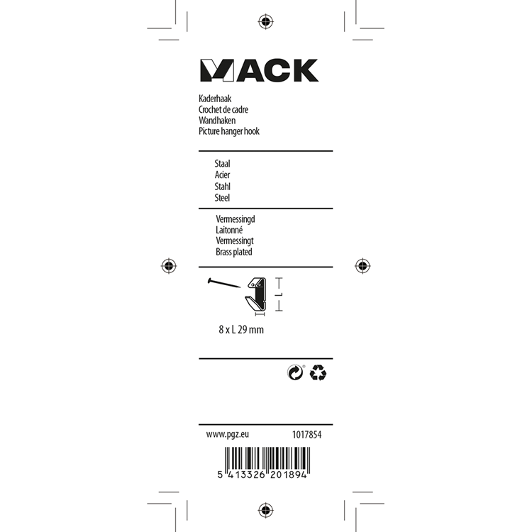 Mack 1017854 - crochet de cadre en acier plaqué laiton 10 pcs 8 x 29 mm | 10 pièces