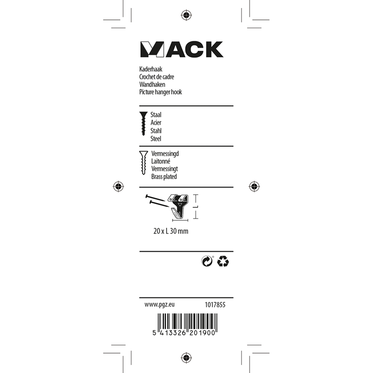 Mack 1017855 - crochet de cadre en acier plaqué laiton 6 pcs 20 x 30 mm | 5 pièces