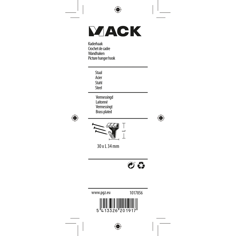 Mack 1017856 - crochet de cadre en acier plaqué laiton 4pcs 30 x 34 mm | 5 pièces